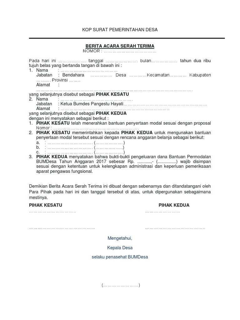 Contoh Berita Acara Serah Terima Laporan Keuangan