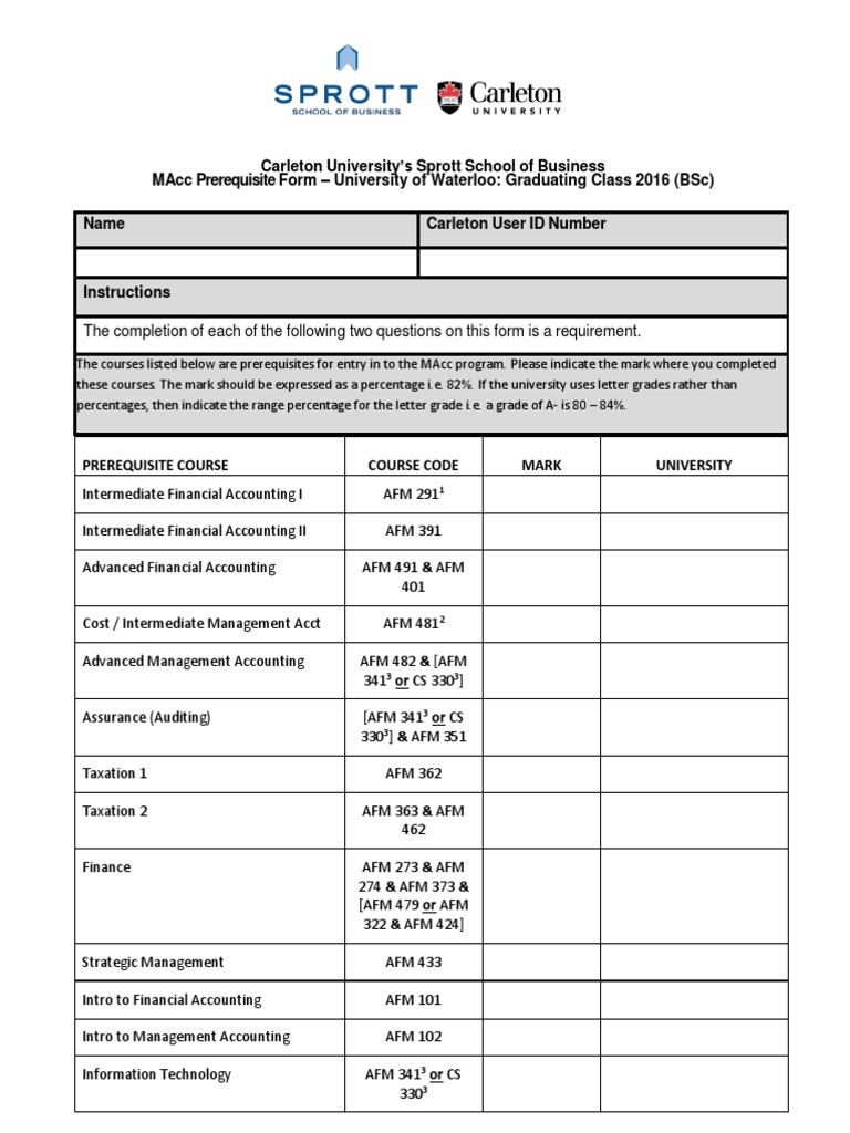 Waterloo Class of 2016 BSC MAcc Prerequisite Form PDF Accounting Management Accounting