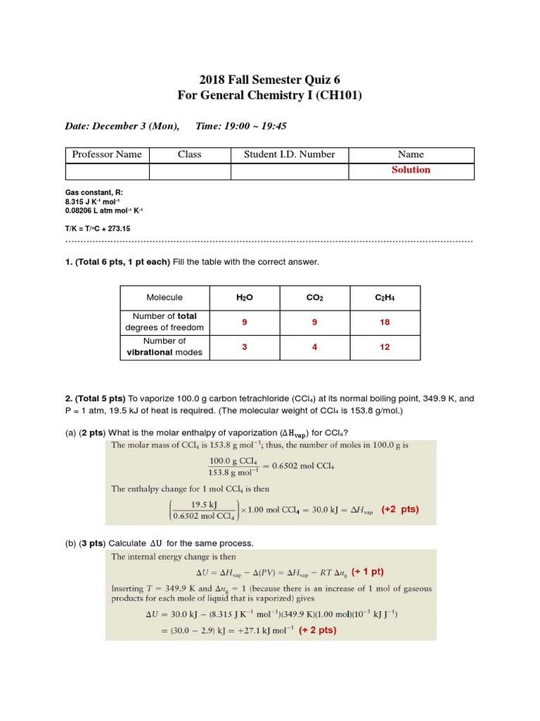 2018 Fall Semester Quiz 6 For General Chemistry I (CH101) : Date ...