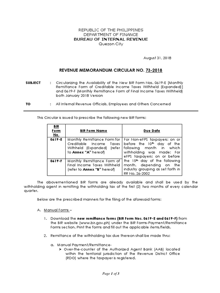 New BIR Forms 0619-E and 0619-F Released | PDF | Withholding Tax ...