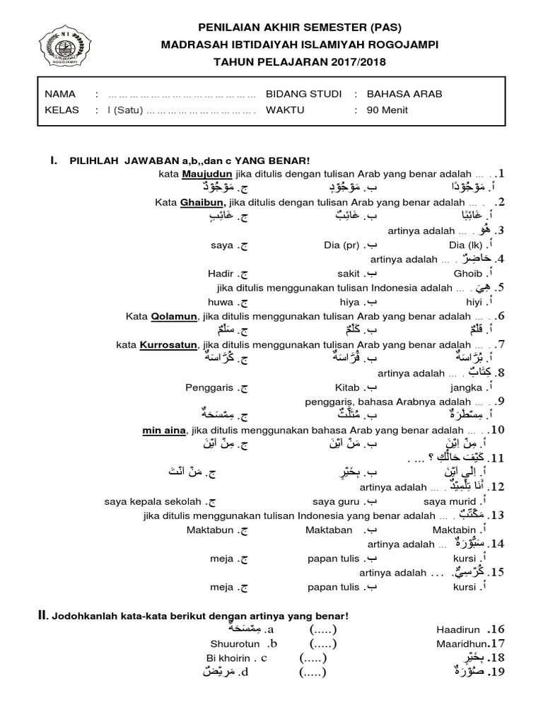 Soal Uas Bahasa Arab Kelas 2 Mi Semester 2 Riset