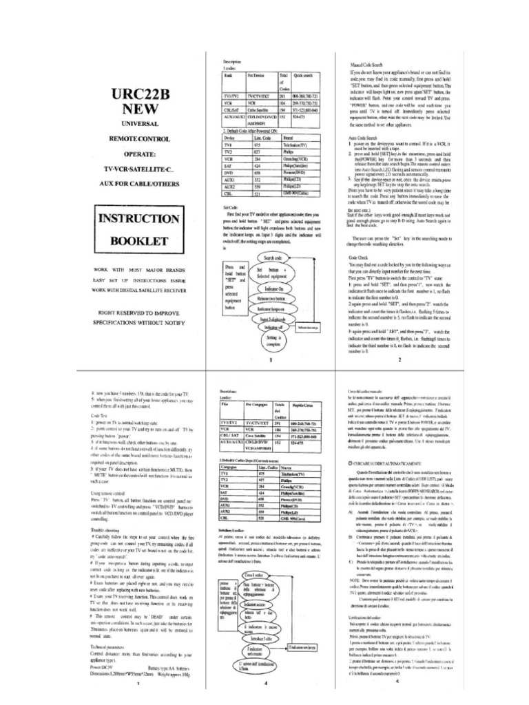 URC22B Universal Remote Control Manual PDF
