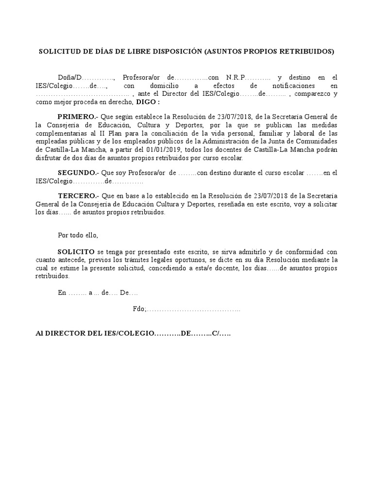 Modelo De Solicitud Dias De Libre Disposicion Asuntos Propios Retribuidos Al Director