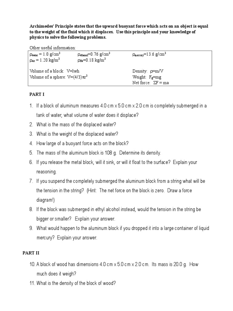 Buoyancy Worksheet Buoyancy Density