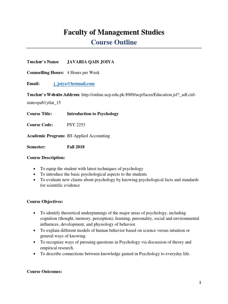 Introduction to Psychology Course Outline | PDF | Perception | Memory