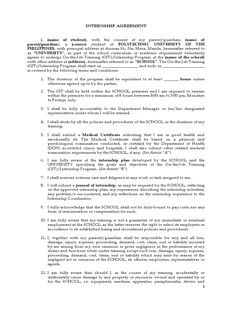 Pup Internship Agreement Pdf Signature Negligence