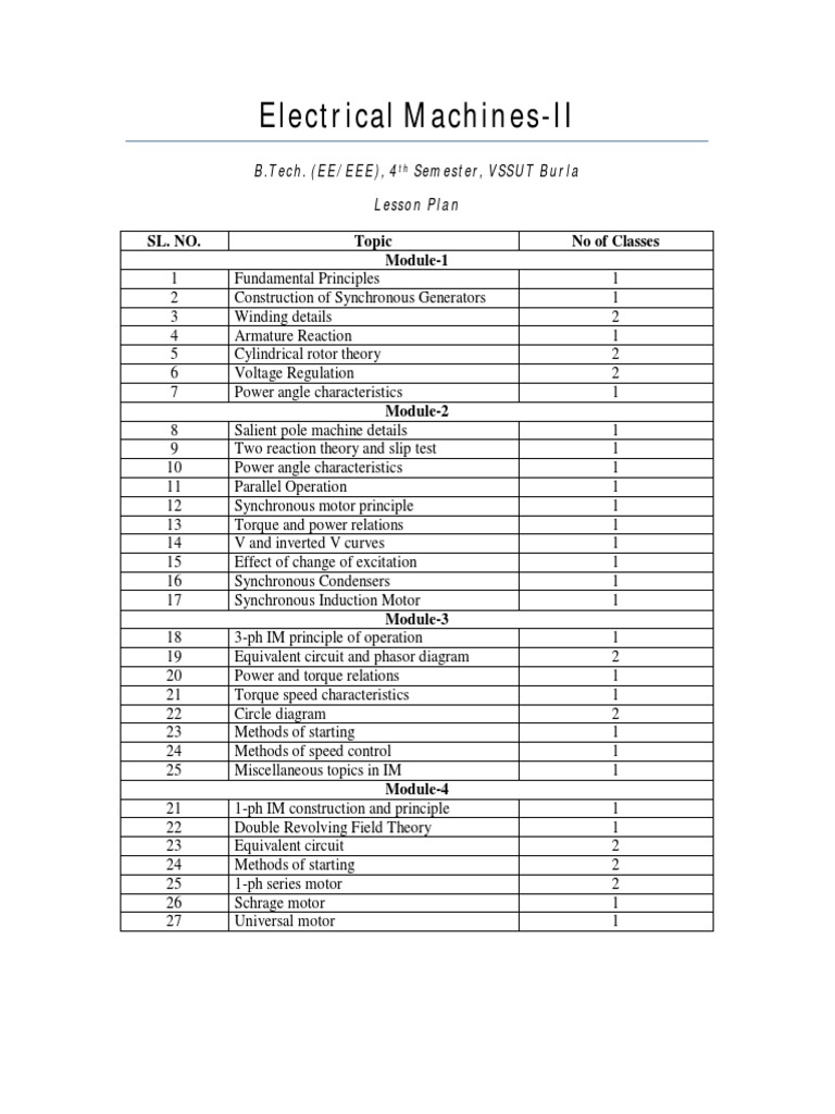 Electrical Machines II Lesson Plan | PDF | Technology & Engineering