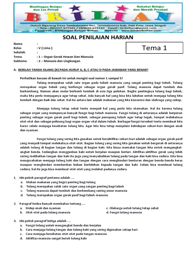 Soal Tematik Kelas 5 Sd Tema 1 Subtema 2 Manusia Dan