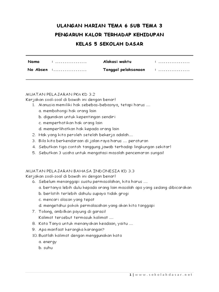 Soal Tematik Kelas 5 Sd Tema 1 Subtema 3 Lingkungan Dan Manfaatnya Dilengkapi Kunci Jawaban Www Bimbelbrilian