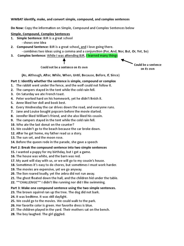 Simple Compound And Complex Sentences Worksheet Grade 7