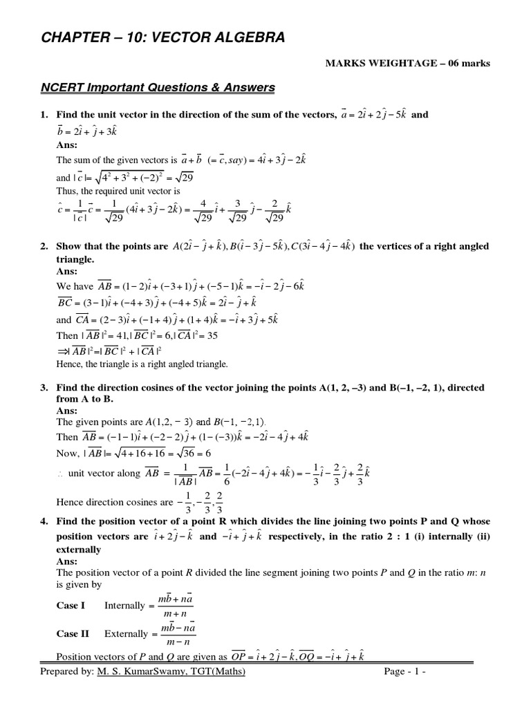 Chapter - 10: Vector Algebra: NCERT Important Questions & Answers | PDF ...