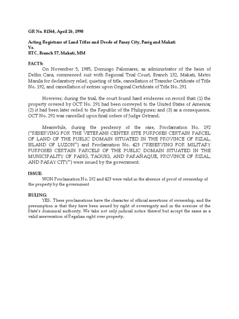 Acting Registrars of Land vs. RTC | PDF | Law