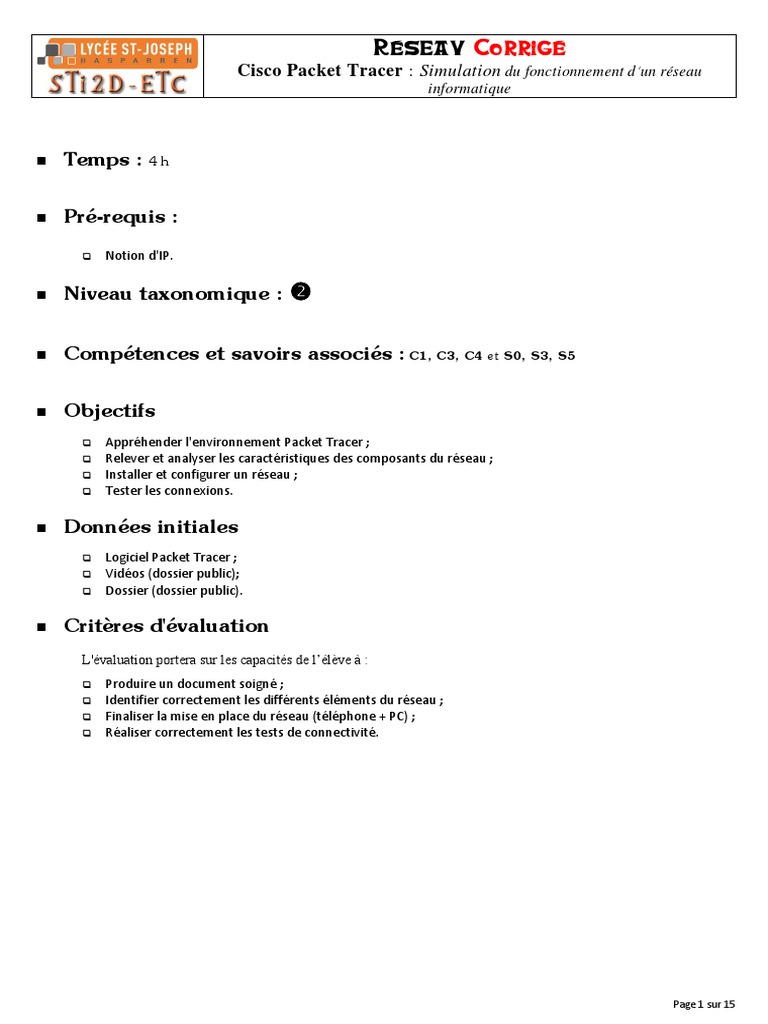 Simulation de réseau avec Packet Tracer | PDF | Adresse IP | Routage