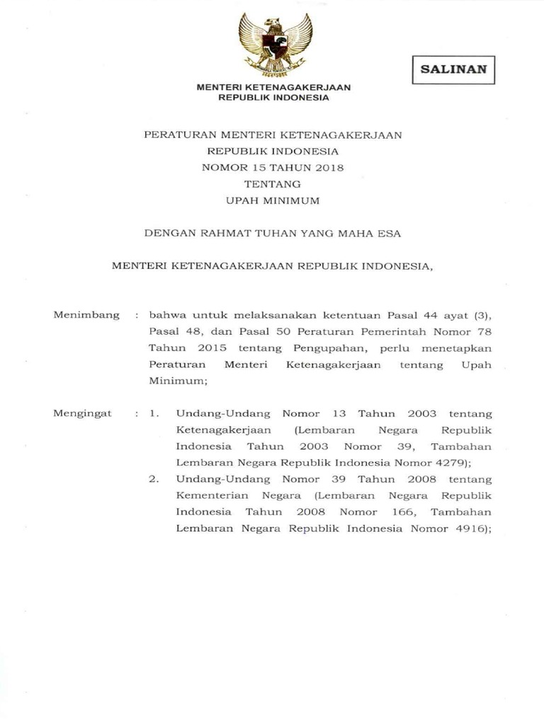 Permenaker No.15 Tahun 2018 Tentang Upah Minimum PDF