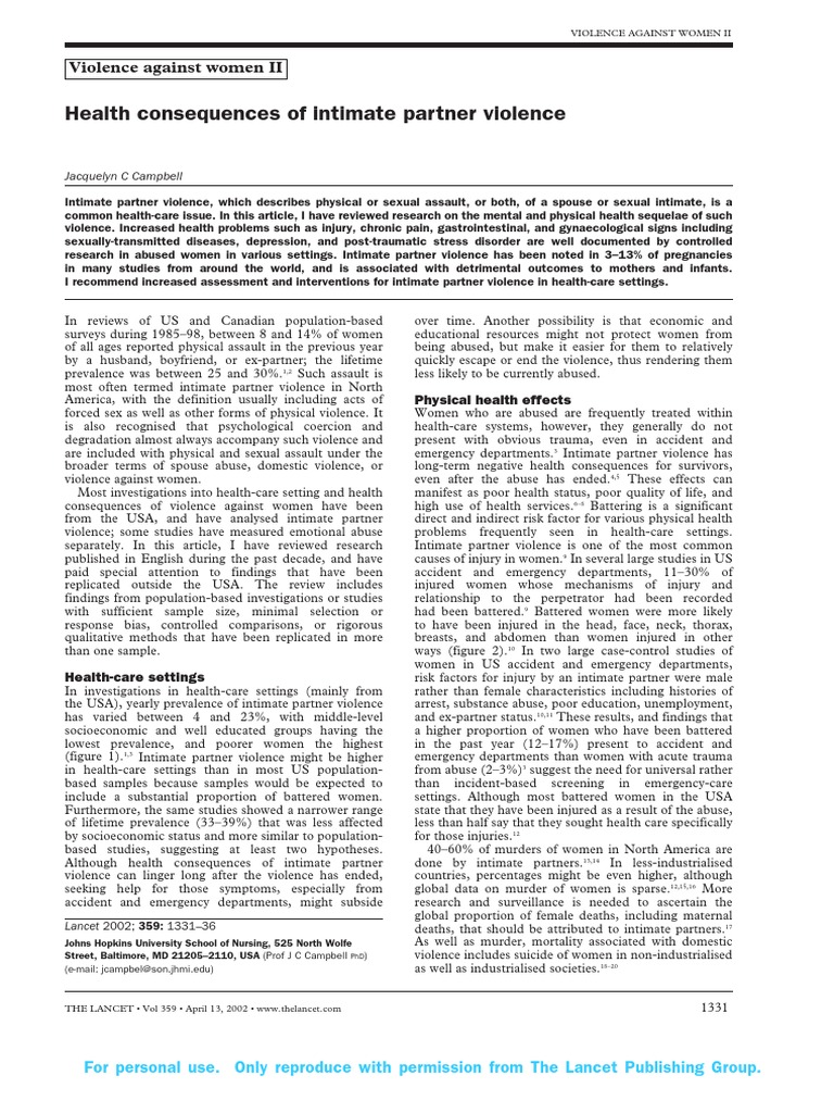 Health Consequences Of Intimate Partner Violence PDF Domestic