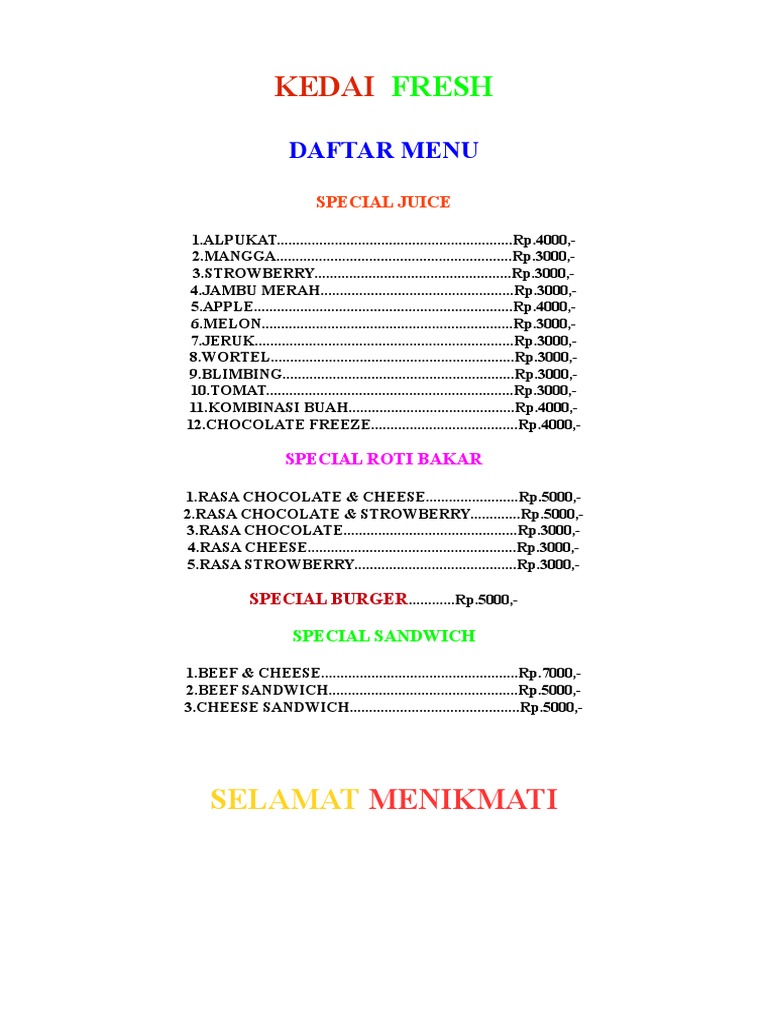 Fresh Juice and Snack Menu | PDF