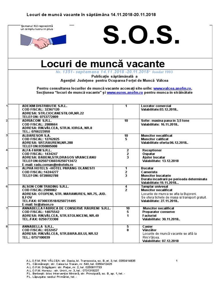 Locuri de Muncă Vacante În Săptămâna 14.11.2018-20.11.2018 | PDF