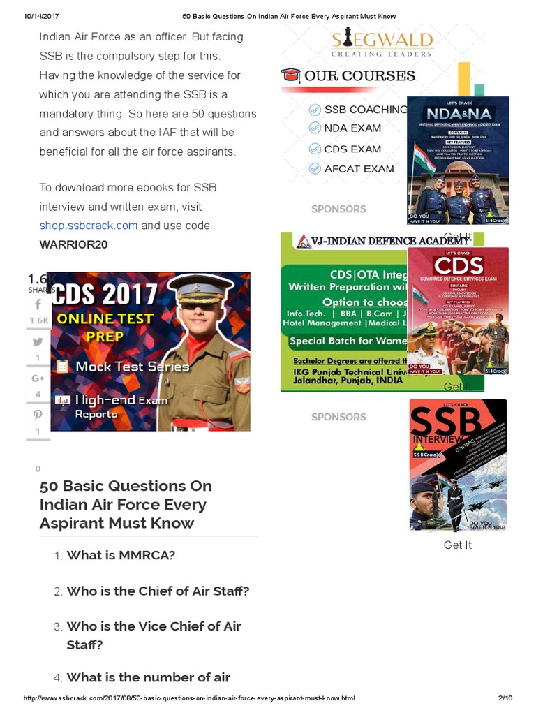 Essential IAF Interview Questions | PDF | Defense Policy | Military ...