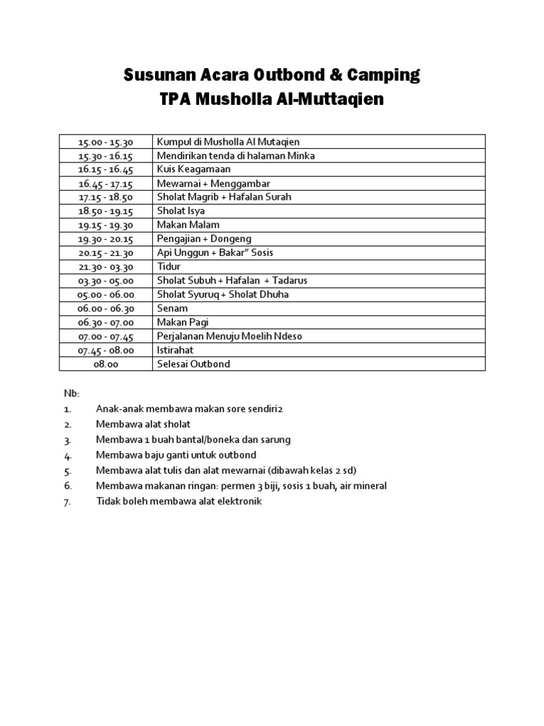 Contoh Susunan Acara Outbound 1 Hari - Lina Pdf