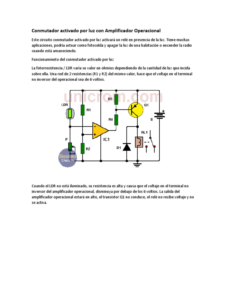 Conmutador Activado Por Luz Con Amplificador Operacional | PDF | Relé |  Amplificador operacional