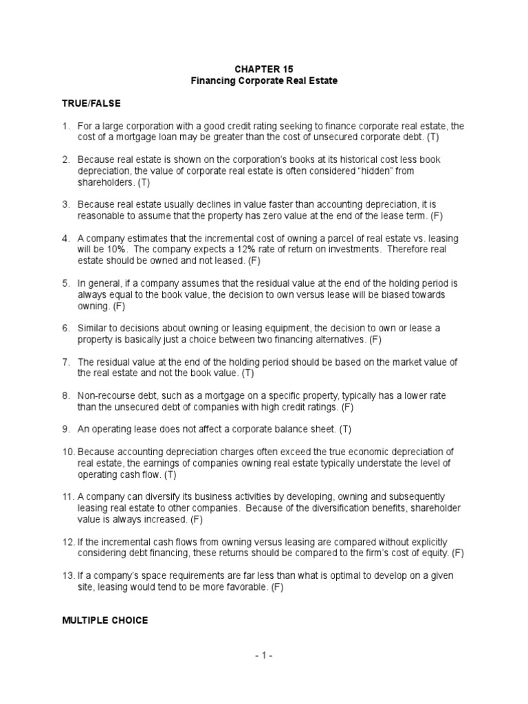 Financing Corporate Real Estate True/False PDF Book Value Expense