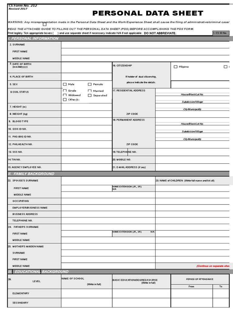 2017 Revised Personal Data Sheet Guide | PDF | Crime & Violence | Crime ...