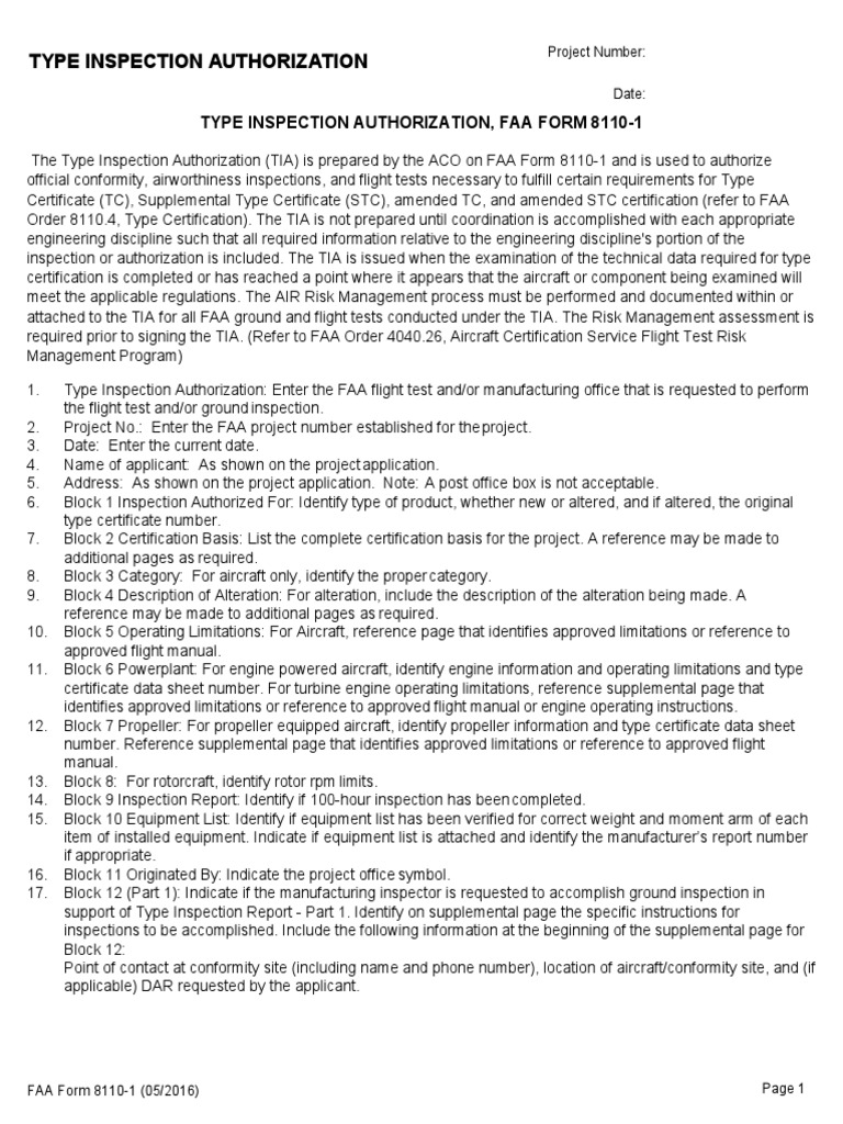 Type Inspection Authorization Instructions and Requirements for