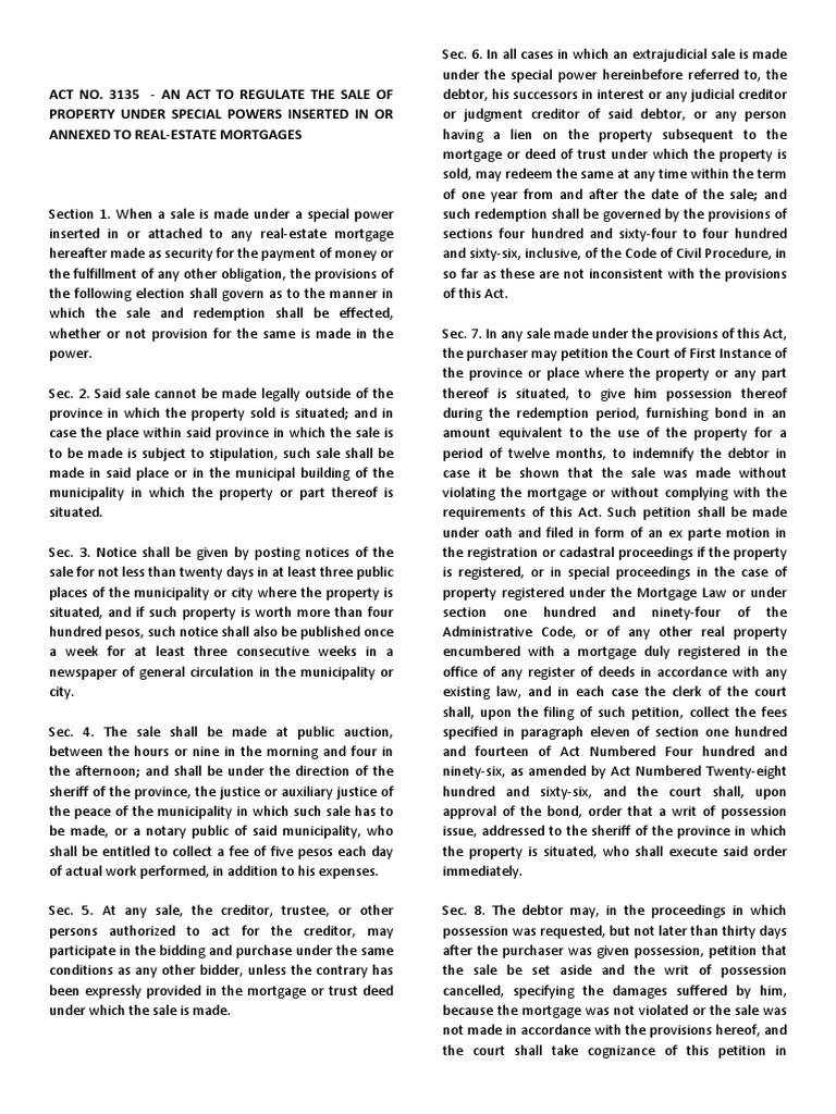 Act No. 3135 An Act To Regulate The Sale of Property Under Special