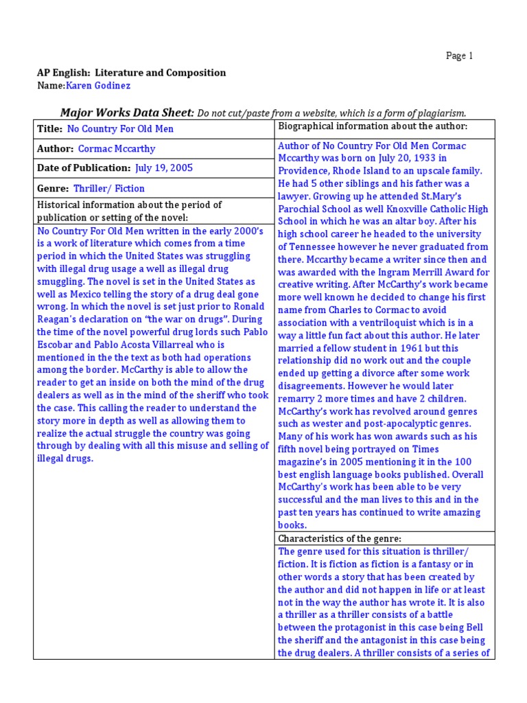 Major Works Data Sheet Template No Counry For Old Men Pdf