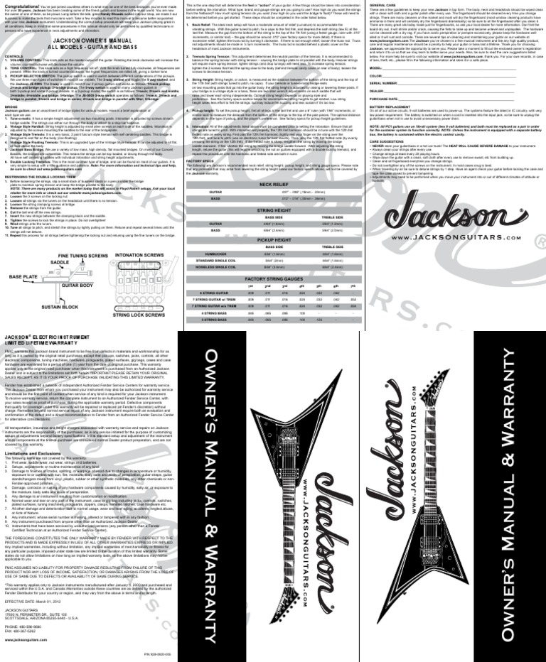 Jackson Owners Manual PDF Guitars Bass Guitar