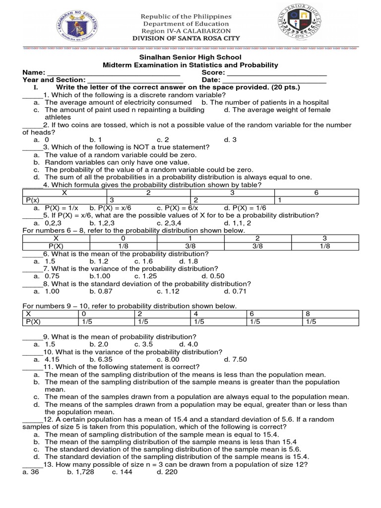 midterm exam in statistics and probability grade 11 pdf variance mean