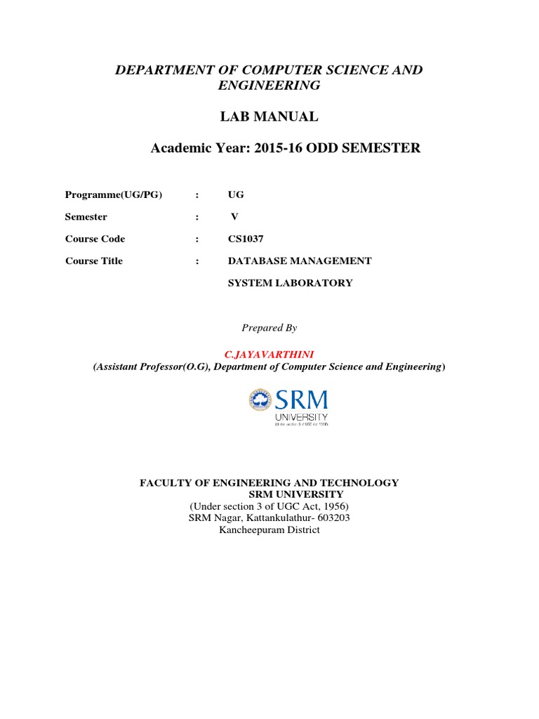 DBMS LabManual SRM PDF Software Design Sql