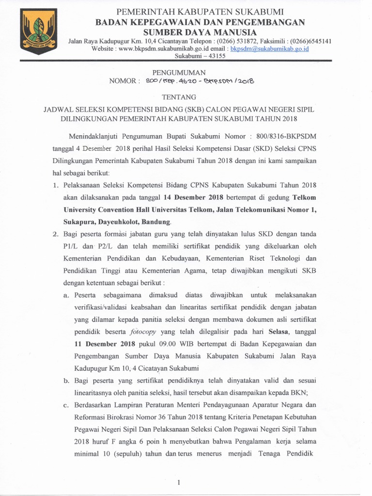 Pengumuman jadwal skb cpns kabupaten sukabumi tahun 2018 pdf