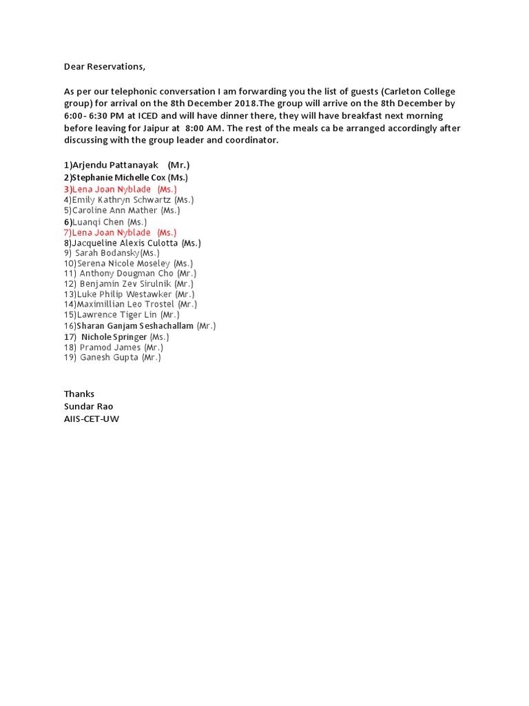 Carleton College Group Arrival Details | PDF