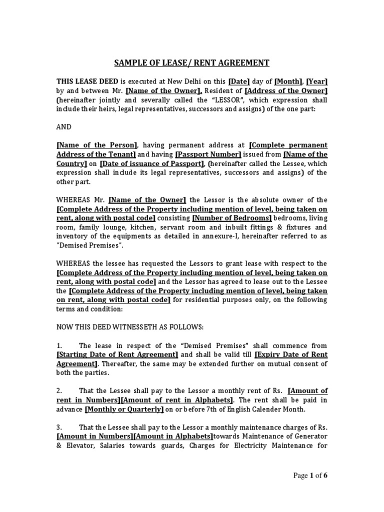 Sample of Lease/ Rent Agreement | PDF | Lease | Property