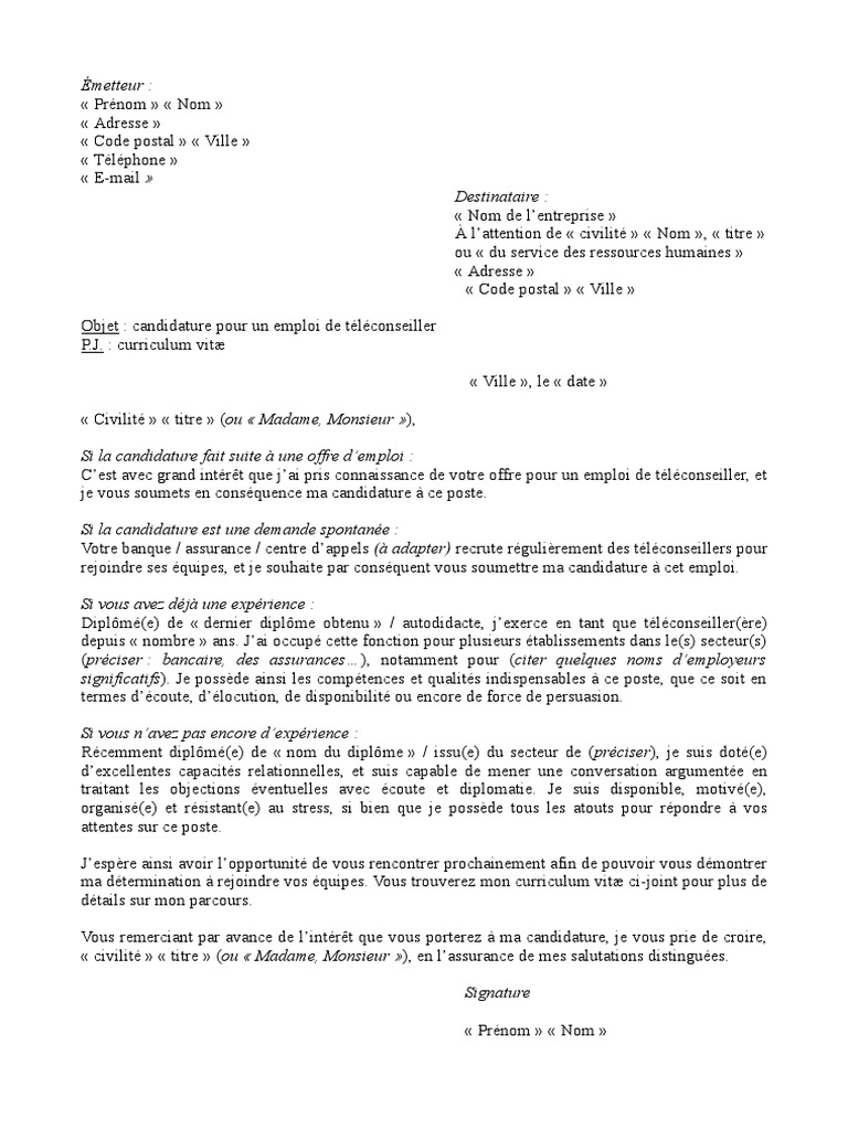 Lettre de Motivation de Teleconseiller PDF Banques Business