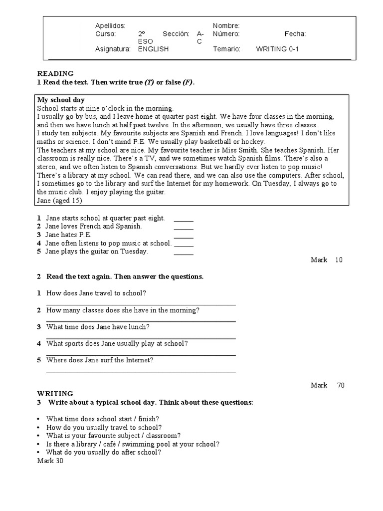 Ejercicios De Ingles Presente Simple Y Continuo 2 Eso Writing and Reading Exam 2º ESO | PDF | Cognition | Teaching And Learning