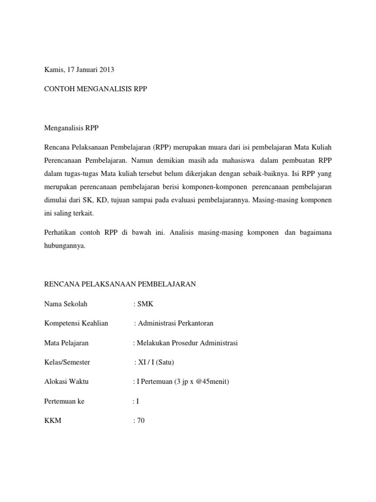 Contoh Analisis RPP Pembelajaran SD | PDF