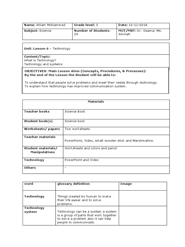 lesson plan technology Technology Science