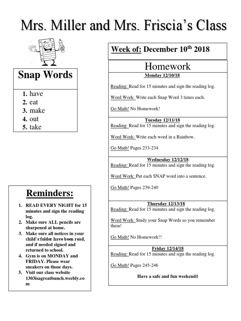 Weekly Homework Overview: Dec 10-14, 2018 | PDF | Language Arts ...