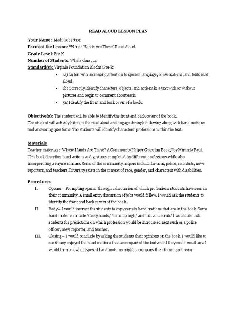 Read Aloud Lesson Plan PDF