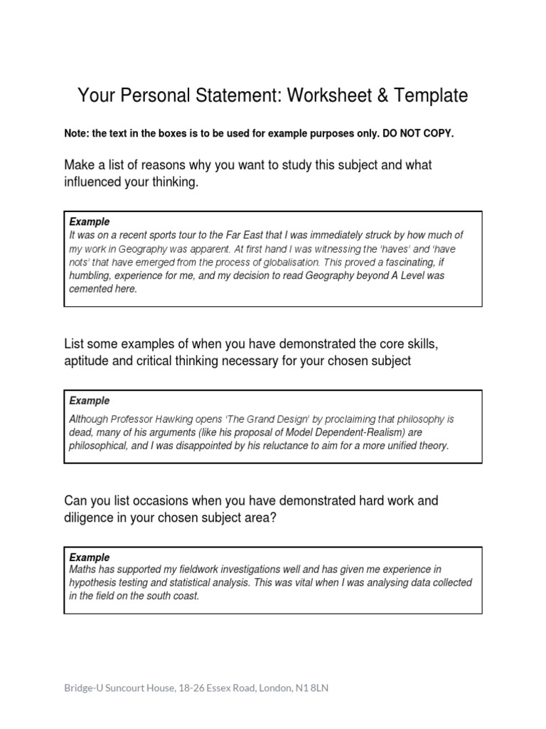 Your Personal Statement Worksheet & Template Example PDF
