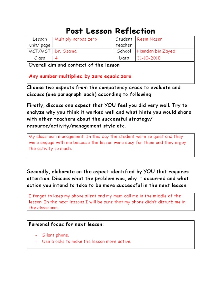 Post-Lesson Reflection on Classroom Management | PDF | Career & Growth ...