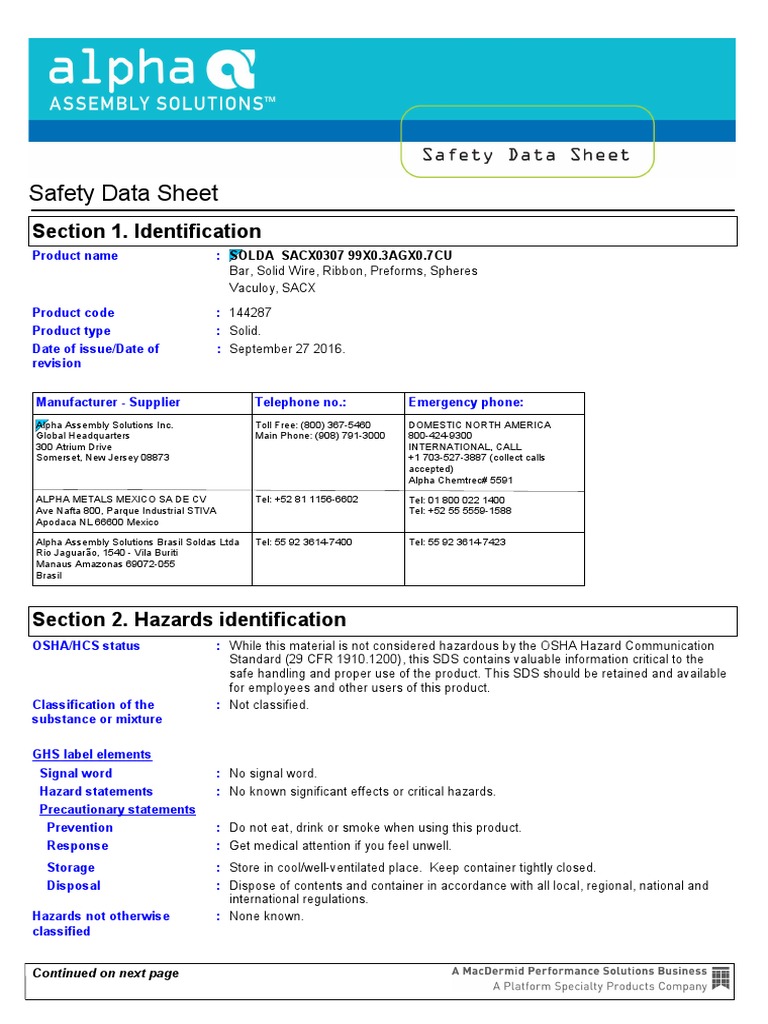 Solder Alloy SACX 0307 | PDF | Toxicity | Dangerous Goods
