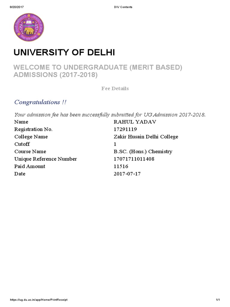 Delhi University UG Admission Fee Receipt | PDF