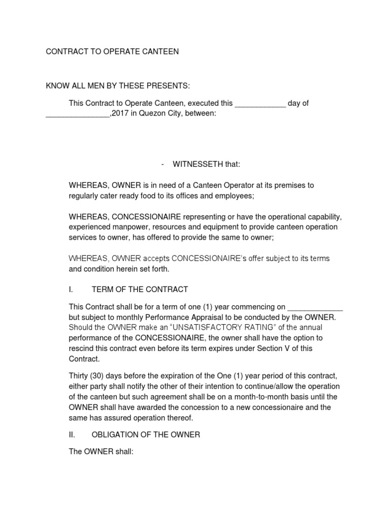 Contract of Lease of Canteen Tableware Cafeteria