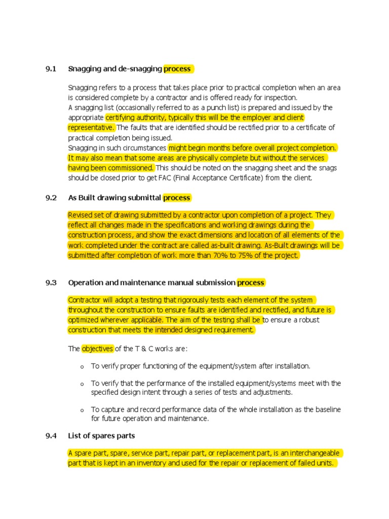 9.1 Snagging and DeSnagging Process PDF Specification (Technical