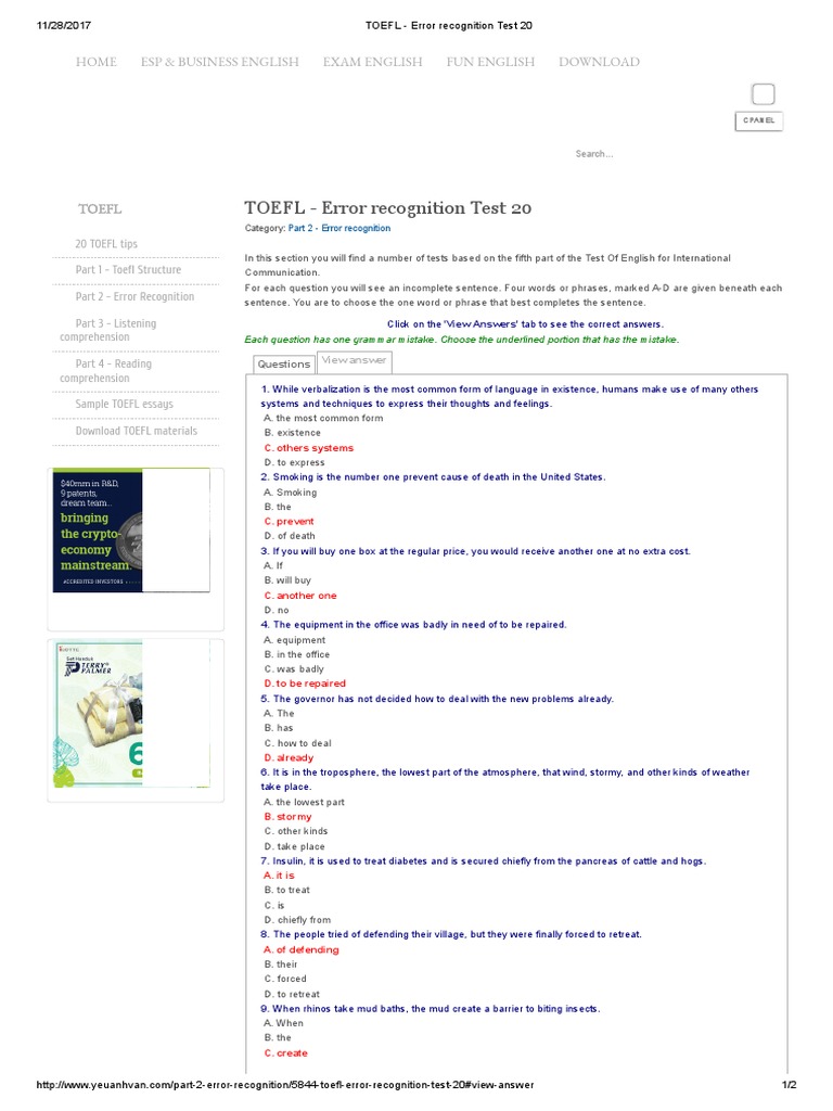 TOEFL - Error Recognition Test 20 | Test Of English As A ...