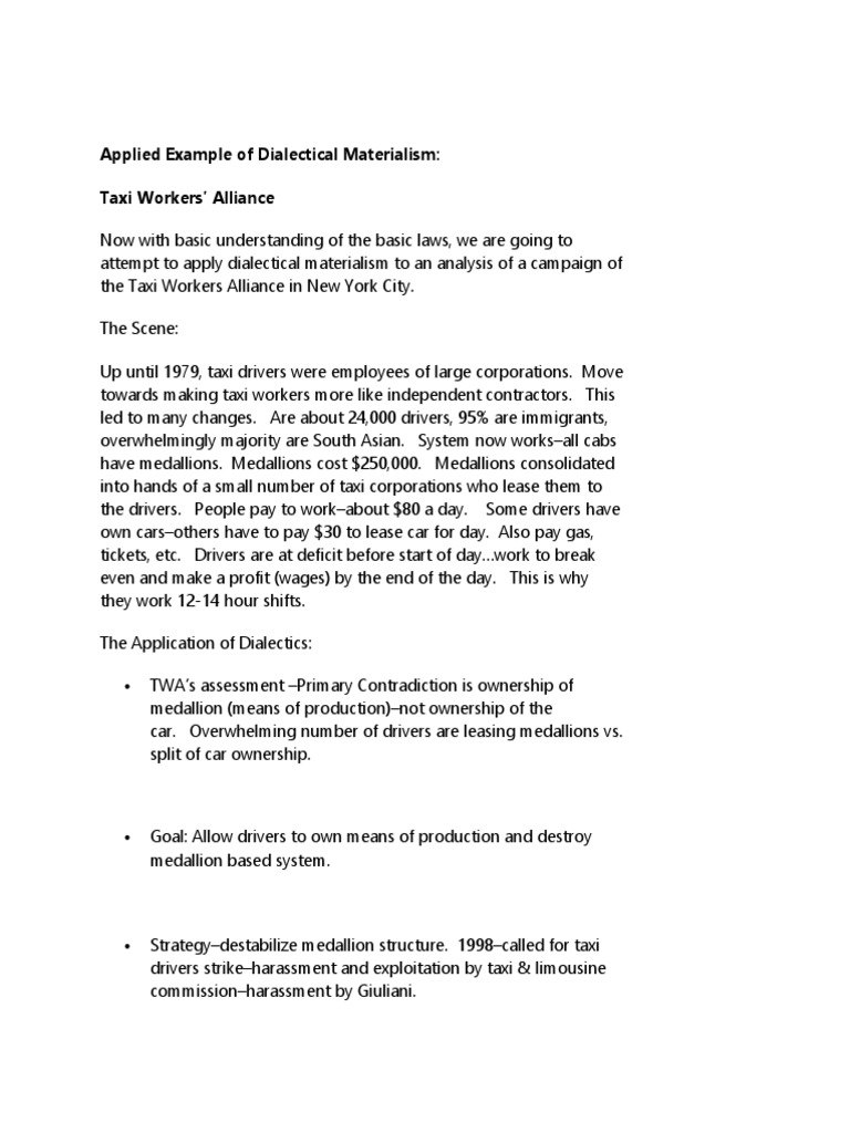 Applied Example of Dialectical Materialism Taxi Workers Alliance | PDF ...