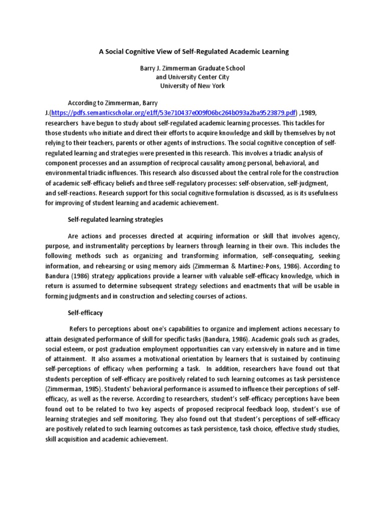 Social Cognitive Self-Regulated Learning | PDF | Self Efficacy ...